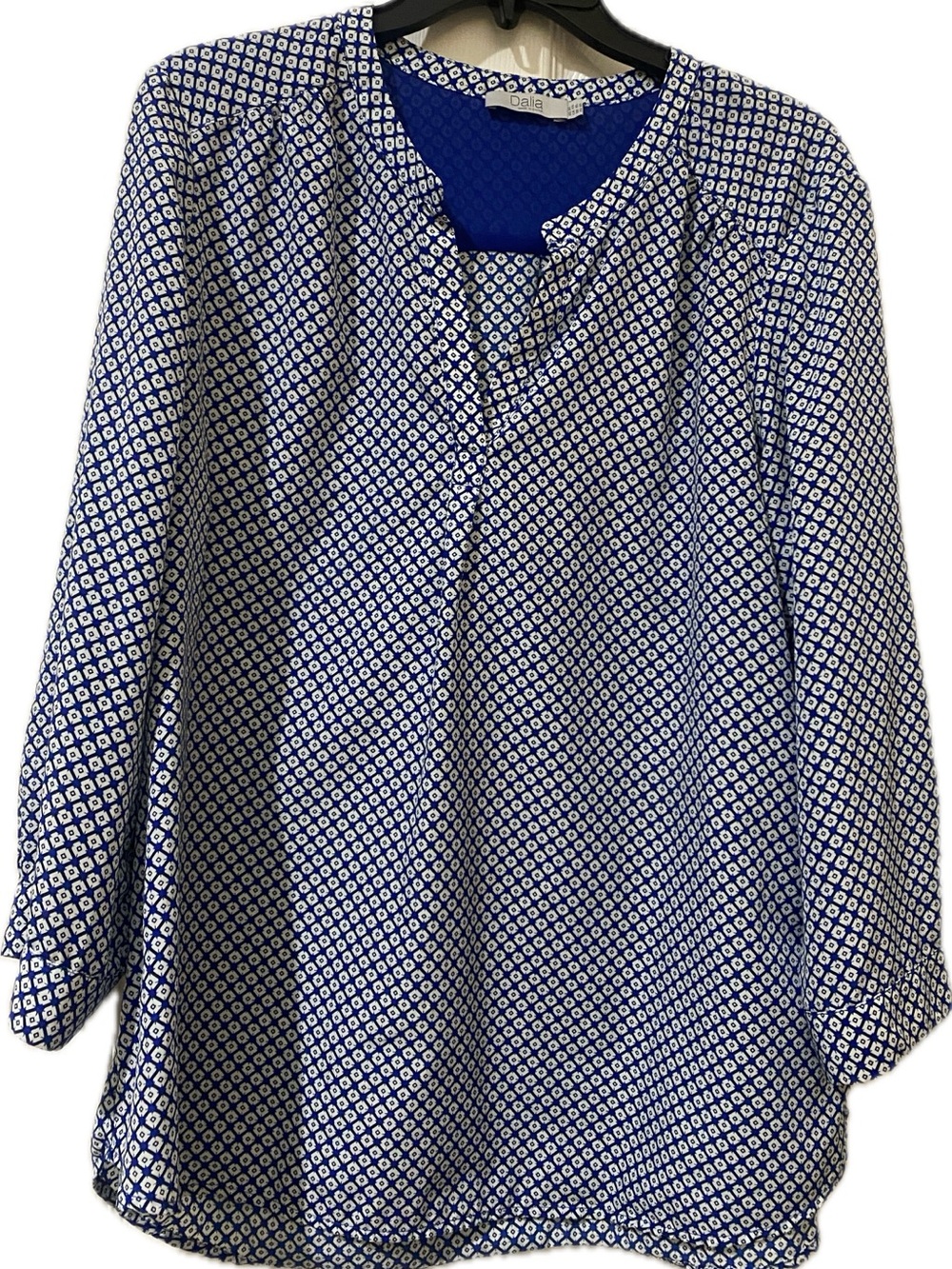 Dalia Blue and White Geometric long-Sleeved Popover Blouse